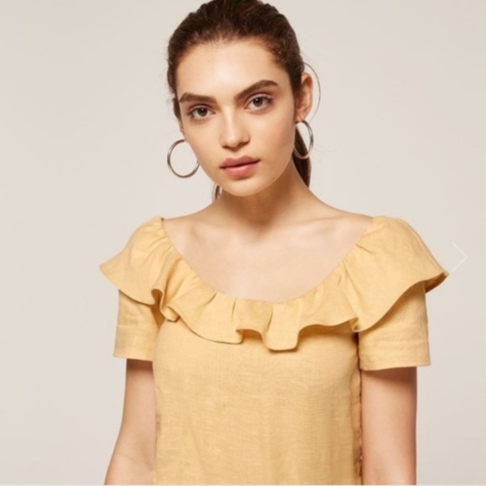 Reformation Athena Ruffle Linen Top in Buttercup